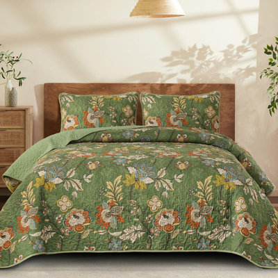 Ensemble de courtepointe 3 pièces Botanical Floral - couvre-lit toutes saisons en microfibre douce et légère