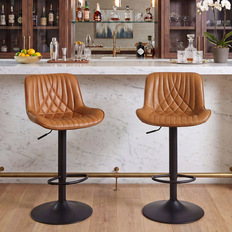 Zager Faux Leather Swivel Adjustable Height Bar Stool, Saddle Brown