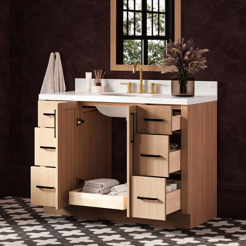 Meuble-lavabo ovale simple de 122 cm (48 po) avec comptoir en quartz blanc de Carrare de 3,8 cm (1,5 po) en chêne naturel