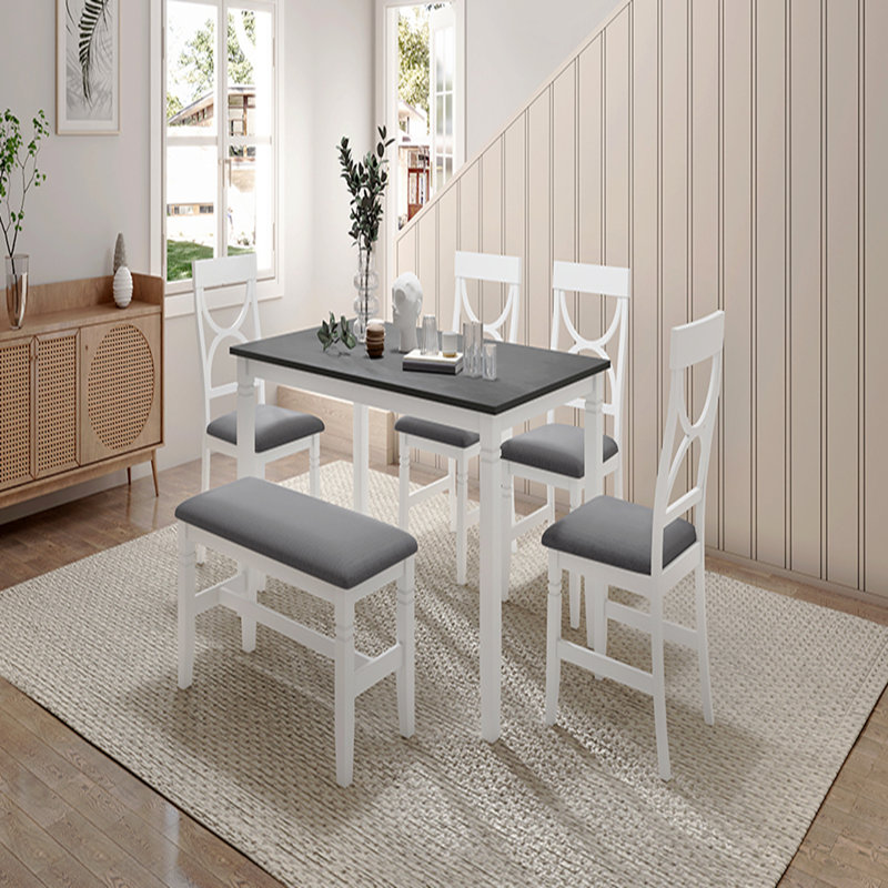 Ensemble de 6 tables de salle à manger en bois avec banc rembourré et 4 chaises de style campagnard