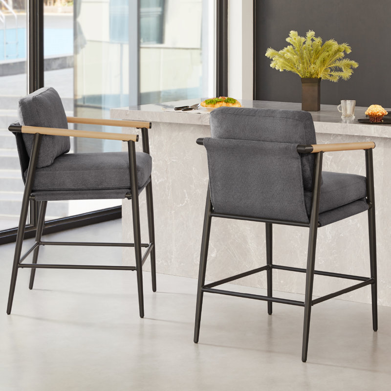 Gray Upholstered Counter Stools with Metal Frame and Wooden Armrests, Set of 2