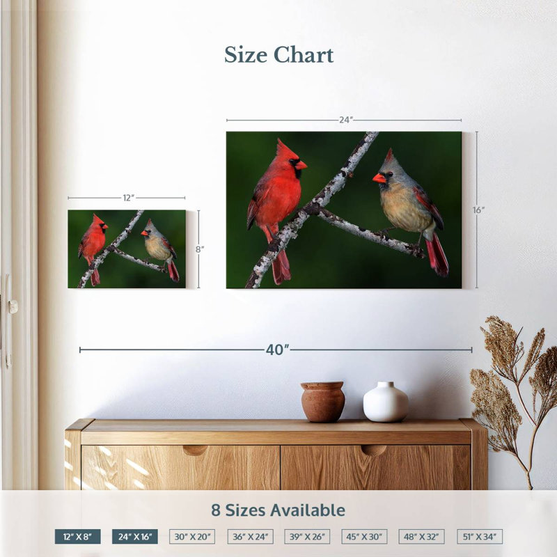 Paire d'oiseaux cardinaux, H 16 po x l 24 po
