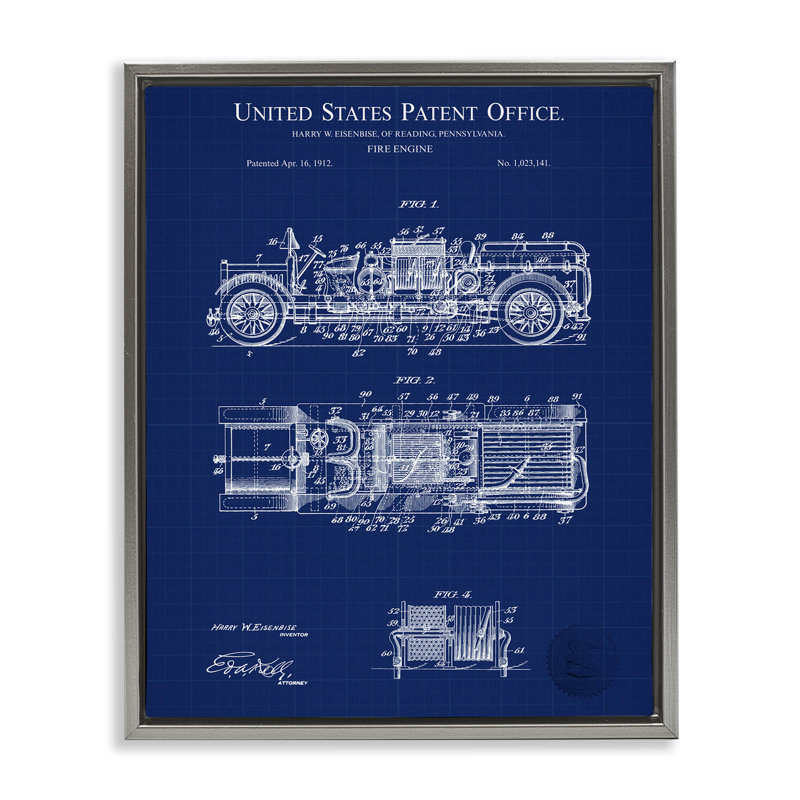 "Fire Engine Blueprint", art mural sur toile flottante par Karl Hronek, Cadre flottant gris lustré, H 31 po x l 25 po