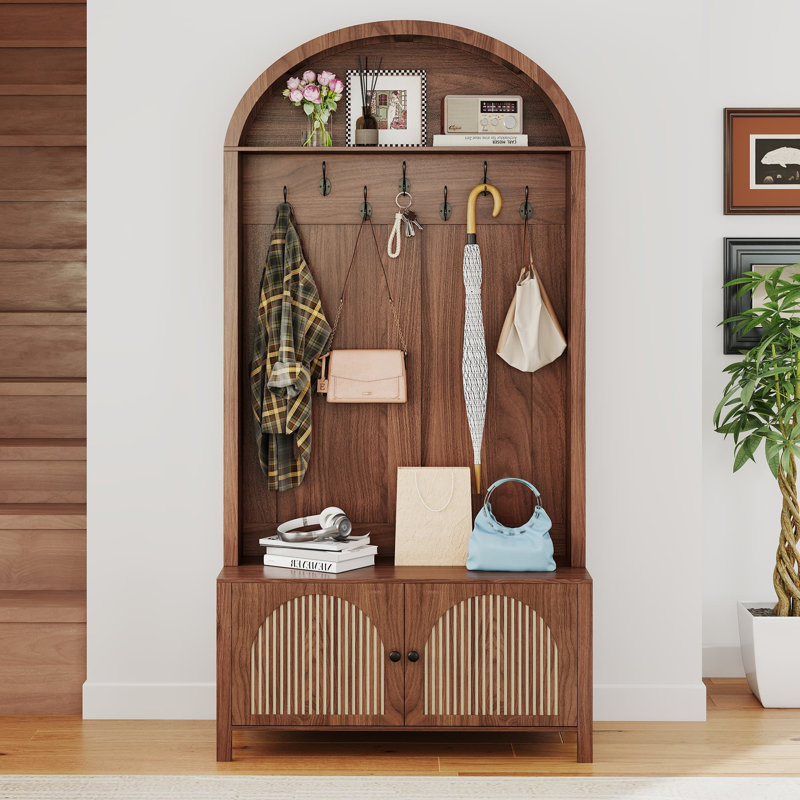 Arch Hall Tree With Bench And Shoe Storage, 4-in-1 Coat Rack With 4 Hooks And 2 Fluted Doors