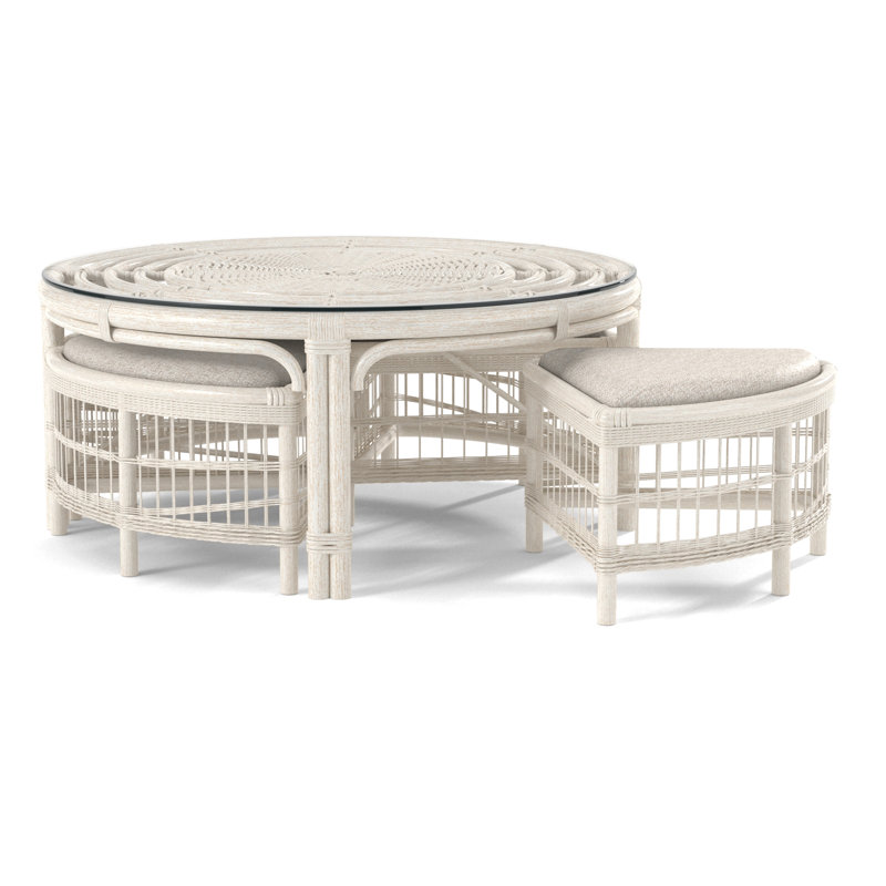 Raffles Rattan Cocktail Table with Benches, Antique Frost White, Blue Buffalo Check; 0120-61