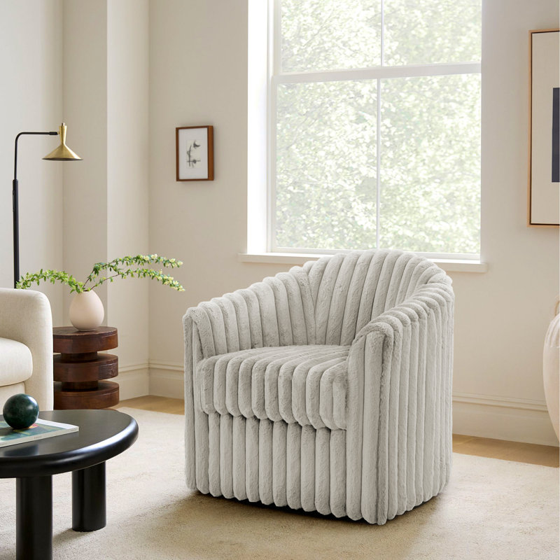 Aunna 78.2Cm Wide Swivel Barrel Chair, White Faux Fur