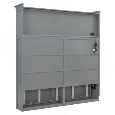 Grand lit escamotable mural avec tablettes supérieures et USB, gris