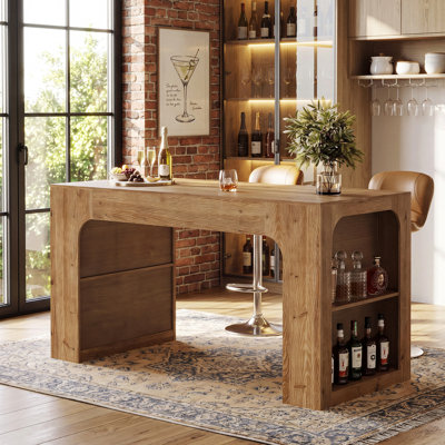 63" Solid Wood Counter Height Bar Table with Storage Shelves for Dining Room