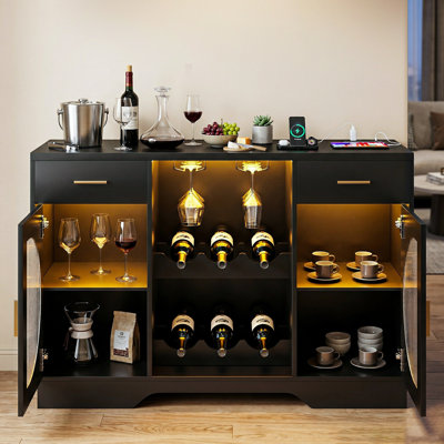 Modern Wine Bar Cabinet With RGB Lights & Glass Holder