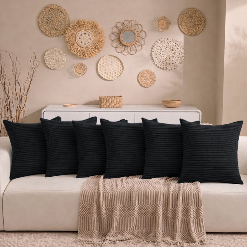 Aspire Homeware Striped Square Velvet Cushion Cover, Black, Pack of 6