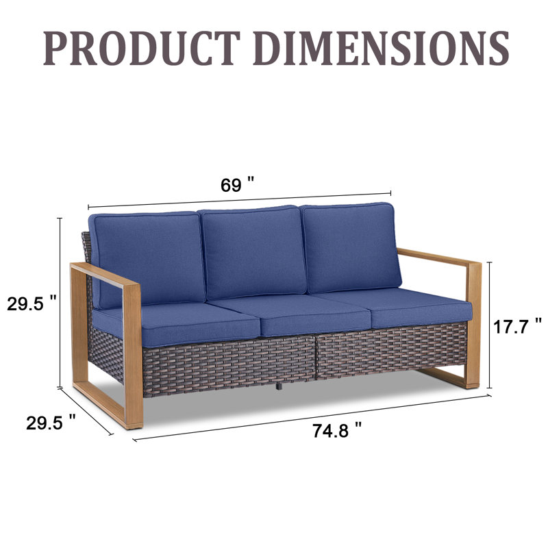 Kelyse 75'' Wide Straight Patio Sofa with Cushions, Blue, Brown