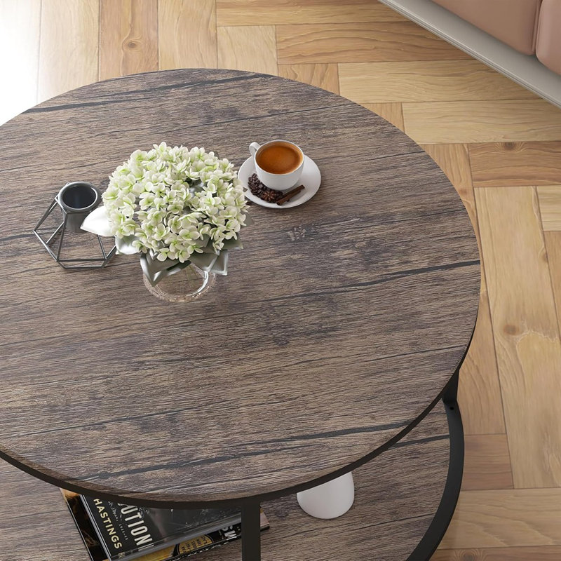Table basse ronde, petite table basse de 27,5 po pour le salon, bureau rustique en bois à 2 niveaux avec tablette de rangement, mobilier de maison moderne (noyer clair)