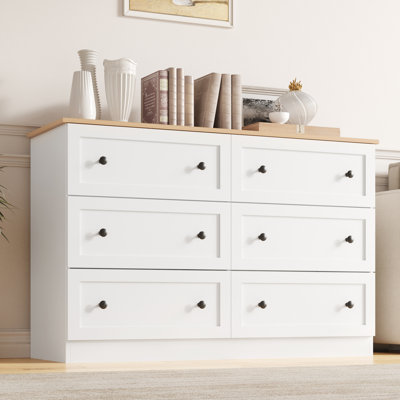 6 Drawers Dresser, 47" Wide Modern Chest Of Drawers, Farmhouse Dresser Tv Stand Storage Cabinet, Wood Drawer Organizer For Bedroom, Living Room, Hallway, White