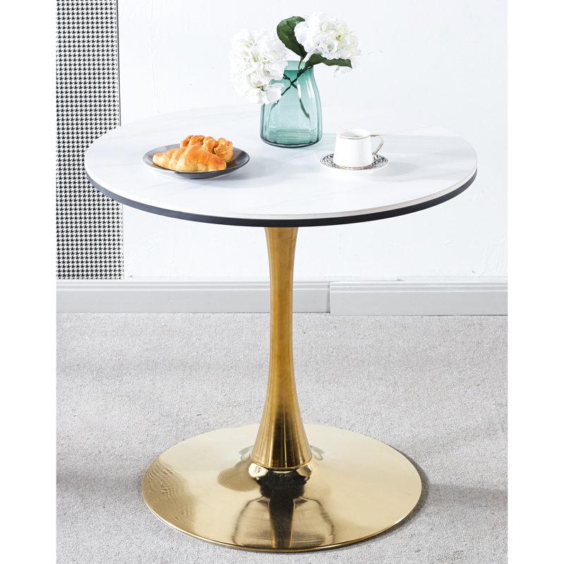 Table Mid-Century dorée et blanche - plateau rond de 2 à 4 personnes avec pieds stables en métal 31,5 po avec magnifique structure tulipe et pieds de table robustes pour les convives