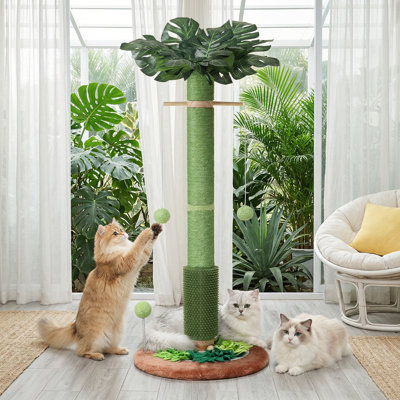 40-Inch Palm Tree Cat Scratching Post, Sisal Scratcher with Hanging Toys, Self-Grooming Brush, Snuffle Mat & Ball Track