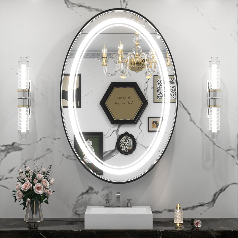 Vinia Oval LED Lighted Bathroom Vanity Mirror Dimmable and Anti-Fog Wall Mirror, Black, 36" x 24"