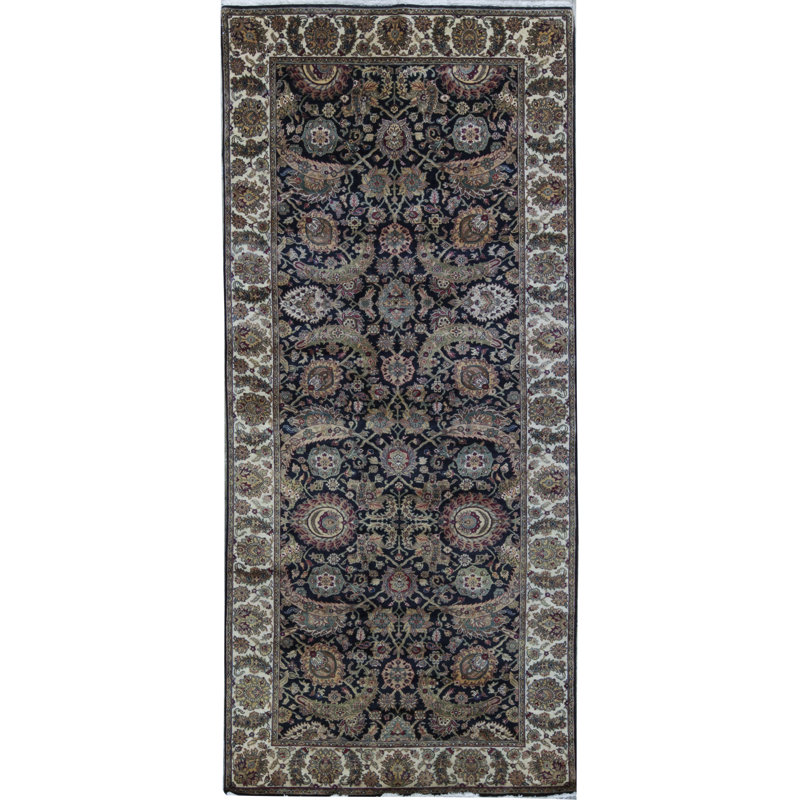 Hand-Knotted High-Quality Black and Cream Runner