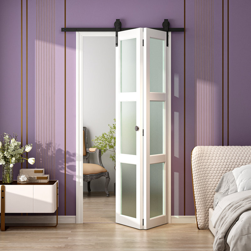 48 po x 84 po H double porte pliante 3 portes avec finition apprêtée et porte de grange pliable à peindre pour la buanderie de garde-manger