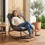 Chaise berçante d'intérieur / d'extérieur avec accoudoirs courbés, chaise berçante d'appoint à coussin épais pour le salon, la chambre à coucher, le balcon, le porche-2091139928