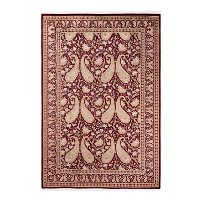 Tapis rouge en laine noué à la main de conception unique 6 pi 2 po x 9 pi 1 po Hayner