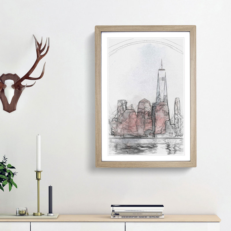 Downtown New York City Skyline in Abstract - Picture Frame Graphic Art Print, 48cm H x 36cm W x 2cm D, Oak Framed