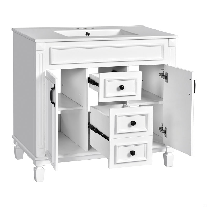 Meuble-lavabo 36 po avec lavabo supérieur, 2 portes à fermeture douce et 2 tiroirs, meuble-lavabo simple, Blanc