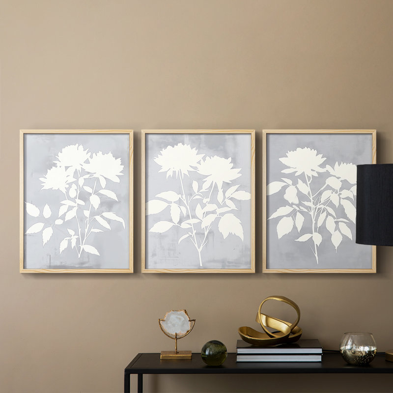 Étude florale CLxxx - ensemble de 3 estampes numériques encadrées - prêt à être accroché, Naturel, H 20 po x l 48 po