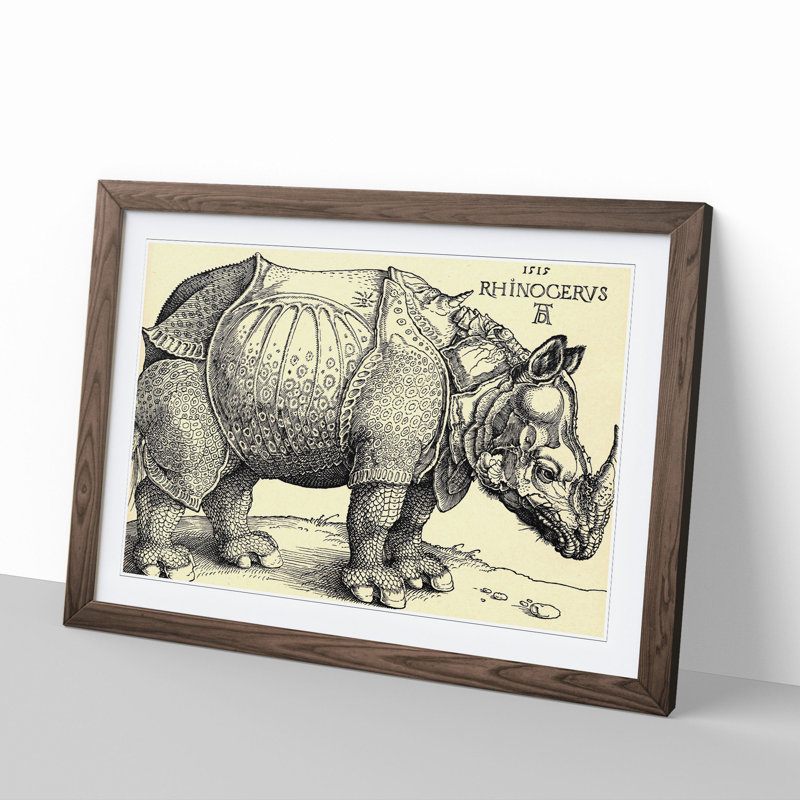 Rhinoceros by Albrecht Durer - Picture Frame Painting, 27cm H x 36cm W x 2cm D, Walnut Framed