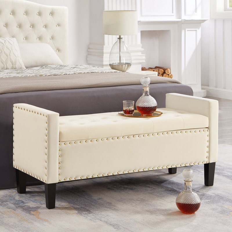Sabriyah Upholstered Ottoman, Entryway Living Room Soft Padded Seat with Armrest, Bed Bench, Cream Velvet