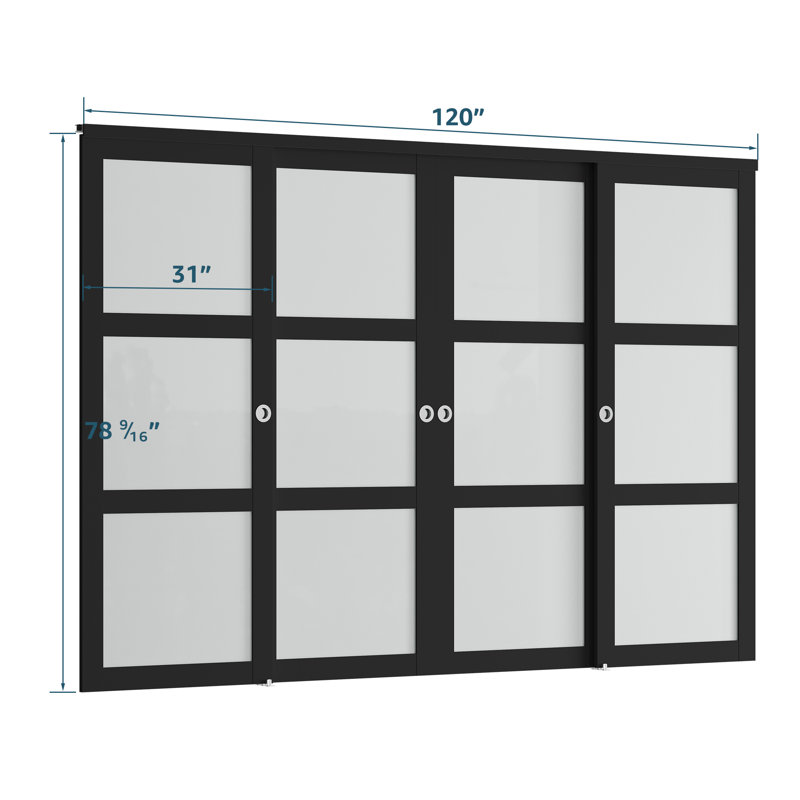 Portes coulissantes doubles en verre givré avec ensemble de quincaillerie d'installation, 120 po x 80 po, Noir