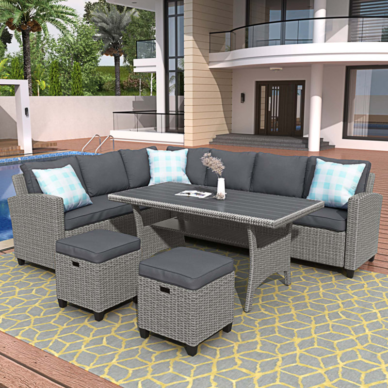 Ensemble de conversation modulaire en rotin 5 pièces avec coussins, Gris, Gris foncé