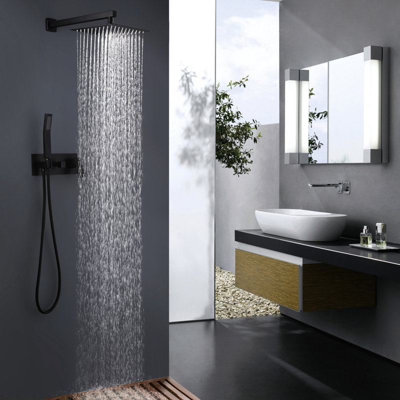 Douche de salle de bain noire matte - système de tête de pluie de 12 po. Robinet mural de luxe. Corps en laiton pour l'eau. Commande à poignée simple. 2 têtes, valve à disque en céramique. Accoudoir de 15,75 po, système de tuyau 59 po avec pluie