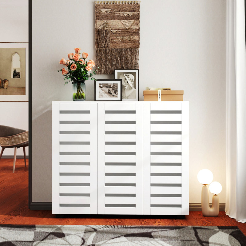 Range-chaussures, range-chaussures à 5 niveaux avec tablettes réglables, range-chaussures en bois avec portes à persiennes, range-chaussures pour la maison