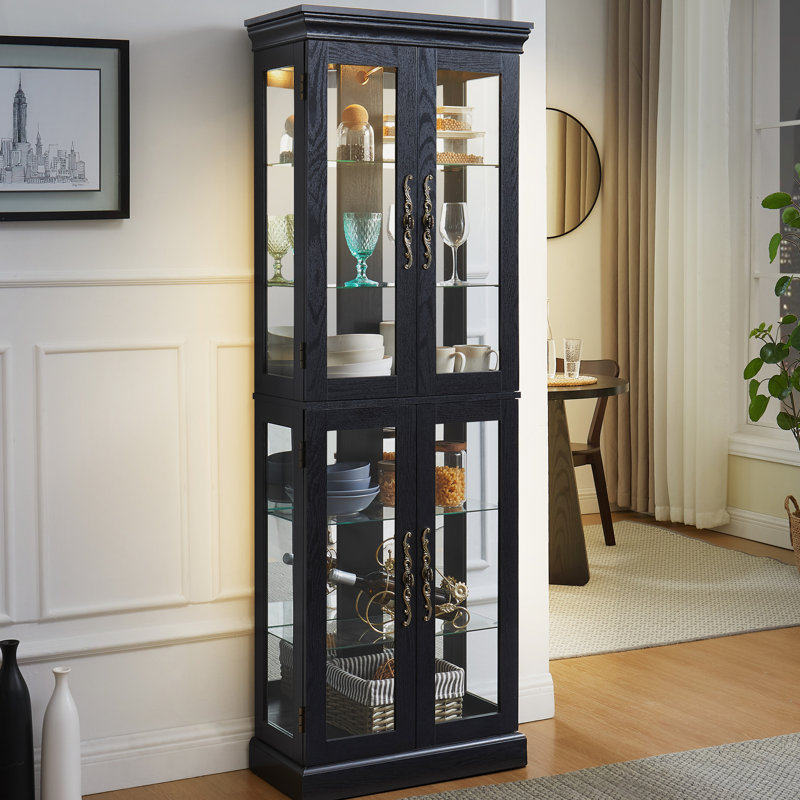 Six - Tier Elegant Lighted Glass Cabinet For Wine In Living Room, With Internal Lighting And Adjustable Shelves Display Customizable With Vintage Handle