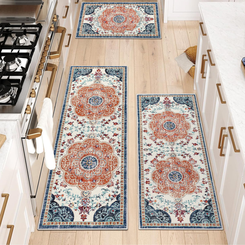 Machine Washable Non-Slip Kitchen Mat, Orange/Navy