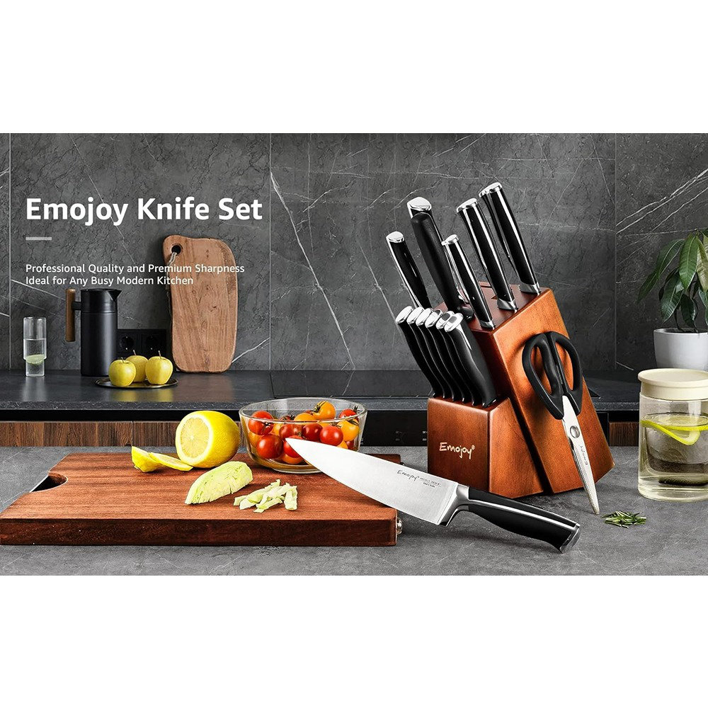 Knife Set, Emojoy 15 Piece Kitchen Knife Set with Block Wooden, German  Stainless Steel Sharp Chef Knife Set with Sharpener, Dishwasher Safe and  Rust