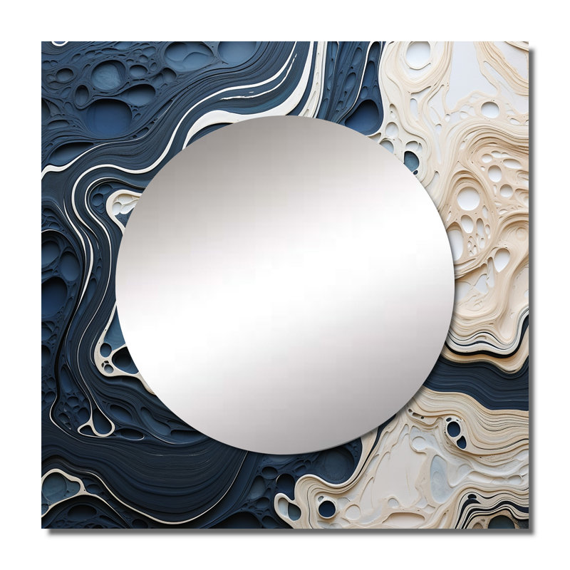 Avrahom - Grand miroir carré abstrait crème et bleu pour peinture murale, 29 po x 29 po