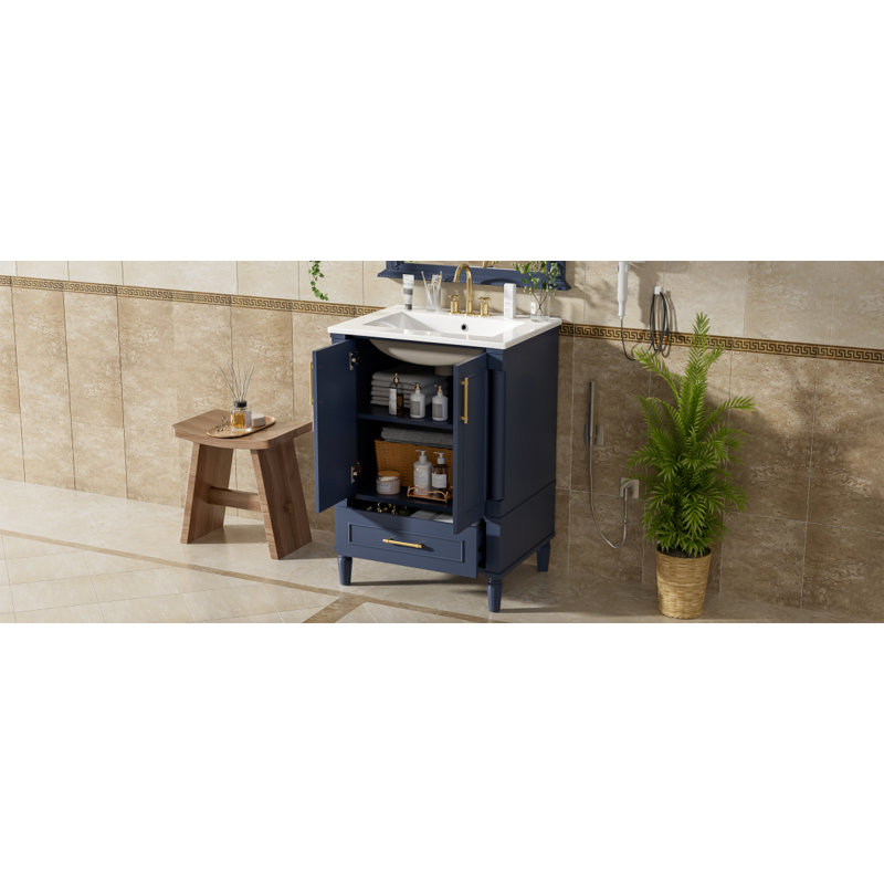 Meuble-lavabo moderne de 24 po avec motif orné et charnières à fermeture en douceur, armoire de salle de bain avec tiroir et structure ouverte à l'arrière, pieds cylindriques français sculptés