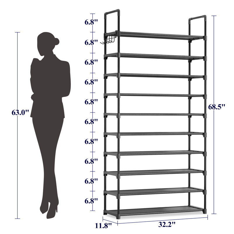 Shoe Rack for Closet - 10-Tier Shoe Organizer with Hook Rack, Large-Capacity & Space-Saving Shoe Shelf for Entryway, Bedroom, Living Room,32.2" x 11.8" x 68.5", Black