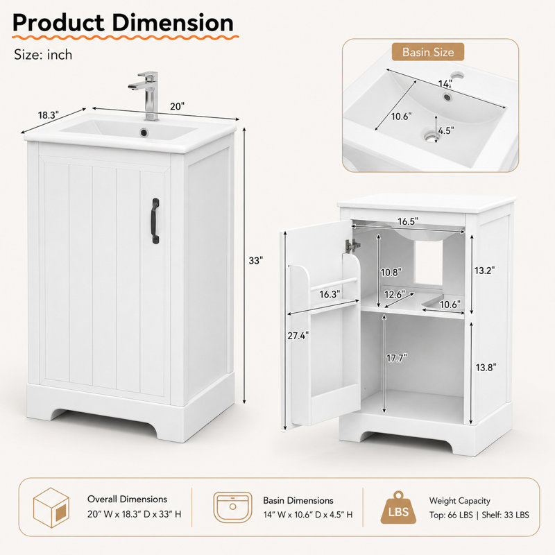 Meuble-lavabo Mavessa de 20 po avec lavabo en céramique, meuble-lavabo moderne sur pied avec porte à fermeture amortie, tablette de rangement intégrée, tablette réglable et robinetterie monotrou.