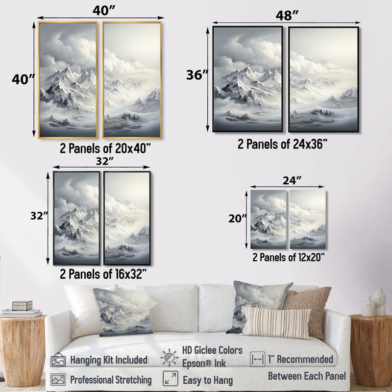 Snowy Mountain Peaks Serenity III - art mural blanc, H 32 po x l 32 po, Toile tendue, Ne s’applique pas