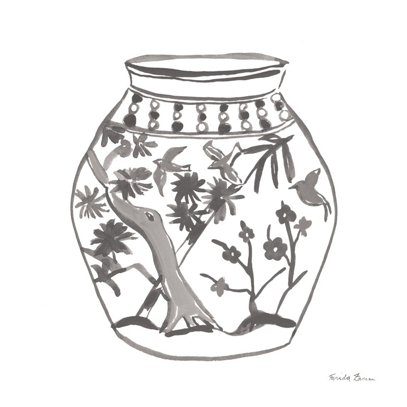 «Chinoiserie VII Gray» par Farida Zaman, peinture, H 20 po x l 20 po x P 1,25 po, Papier avec cadre argenté, Non