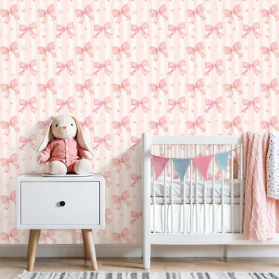 Peel and Stick Wallpaper different pink bows striped seamless for girl coquette core desig Contact Paper Removable Self Adhesive Wall Mural Wall Decor for Bedroom Kitchen Cabinets 24in x 118in