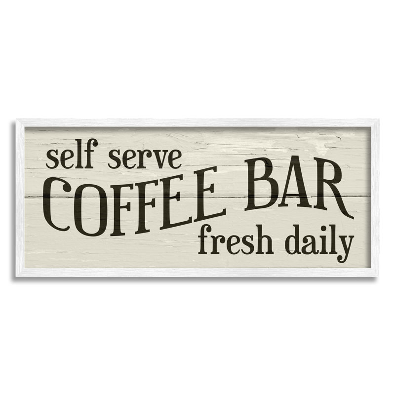 Signe de barre de café en libre-service avec motif de planche rustique surdimensionné encadré noir, art texturé par Daphne Polselli