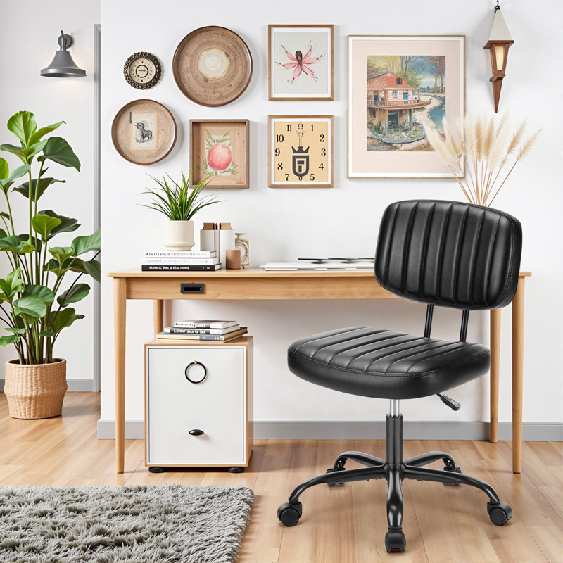 Small Office Computer Desk Chair With Wheels And Lumbar Support, Comfy Cute Armlees PU Leather Vanity Rolling Swuvel Task Chair No Arm For Adult, Student