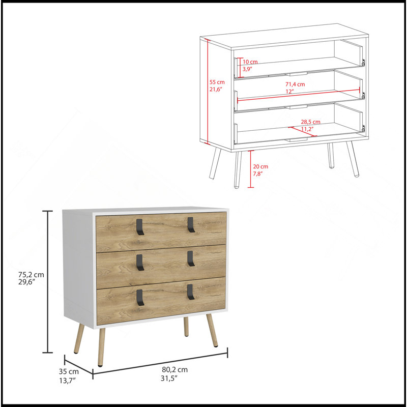 Commode Huna, unité moderne à 3 tiroirs avec poignées, Blanc