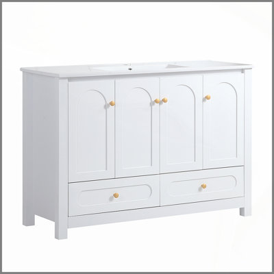 Ensemble de meuble-lavabo blanc 48 po avec lavabo en résine, armoire de rangement abondante - 4 portes à fermeture douce et 2 tiroirs