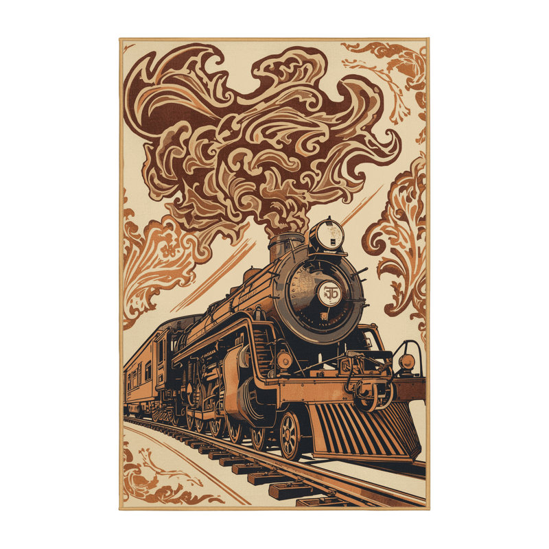 Machine Washable Mendon Steam Locomotive Train Vintage Vintage Look Rug in Black – LightBrown Binding, 2x4