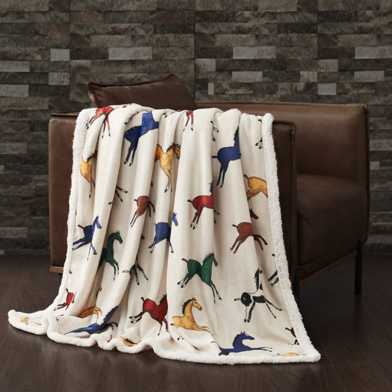 Jeté Campfire en molleton rustique Sherpa, 54 x 68 pouces, Chevaux sauvages multicolores