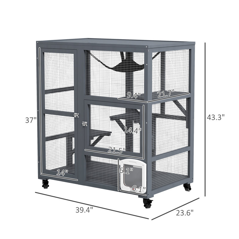 Maison pour chat, enclos intérieur en bois de 39 po, gris, à plusieurs niveaux avec plateformes et porte à rabat pour 2 chats de 12 livres ou moins, regroupés en roues agrégées, poids maximum